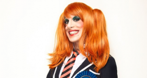 A drag queen in a school uniform