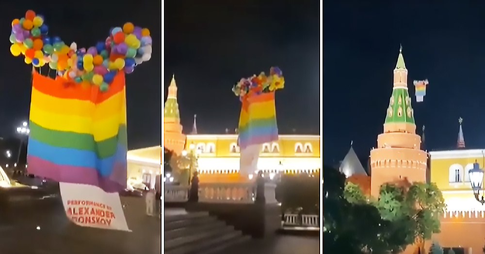 Screengrabs from video showing Pride flag flying over Kremlin through the use of helium rainbow coloured balloons