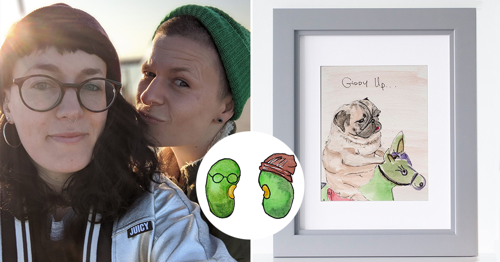 A split screen of a lesbian couple with a watercolour painting of a pug on a rocking horse