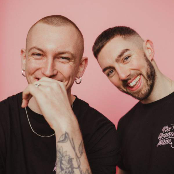 Queer podcasts picks: I'm grand Mam cover featuring two men against a pink backdrop
