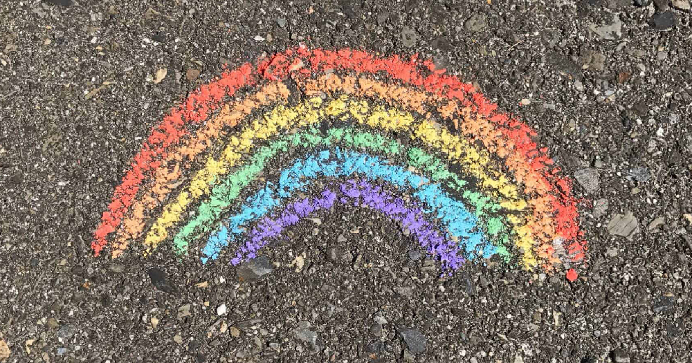Ranelagh Arts Festival image description: a chalk drawing of a rainbow on pavement