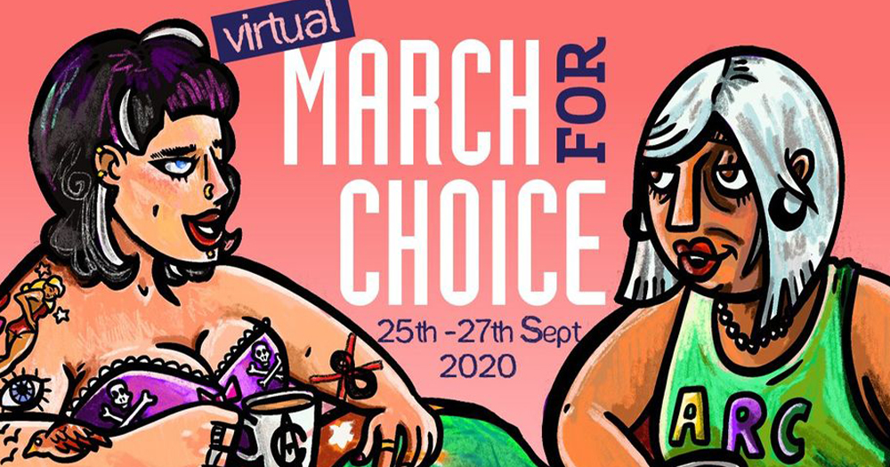 An illustration of two women for a virtual March For Choice poster