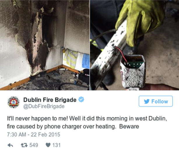 National Fire Safety Week 2020: a screen shot from a tweet from Dublin Fire Brigade showing a fire occurring due to a phone charger