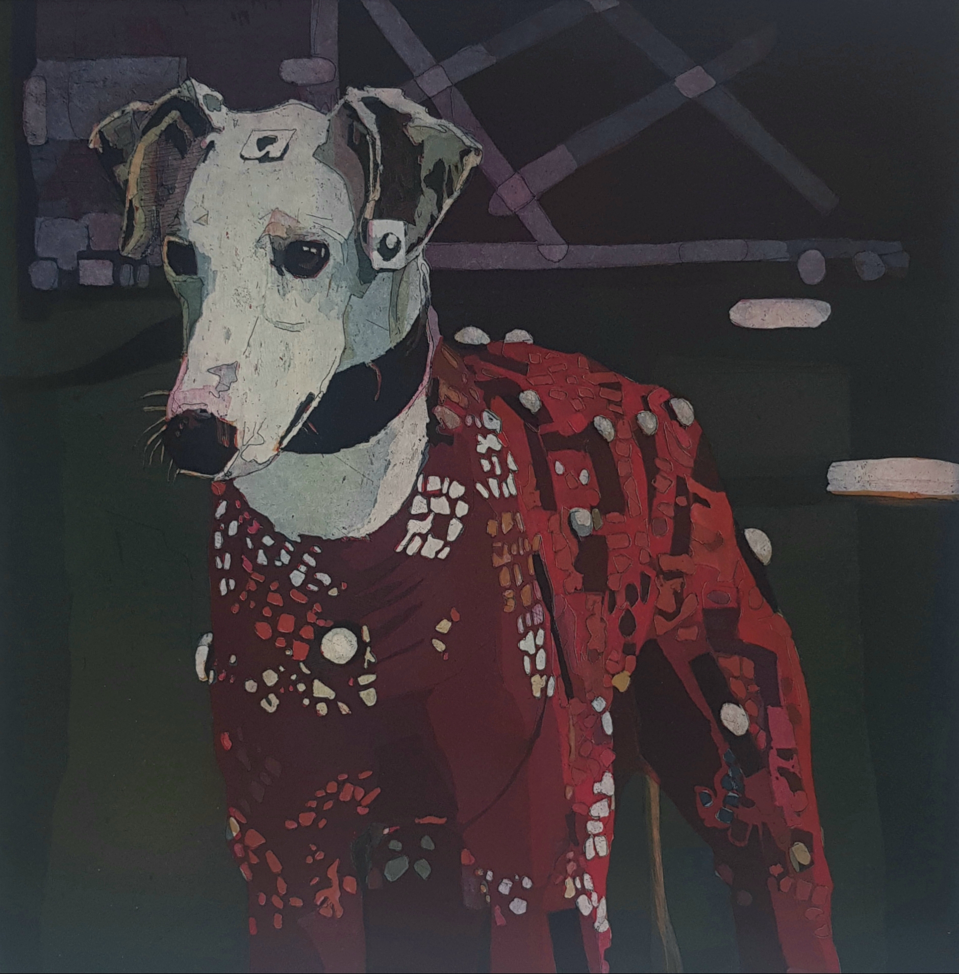 art piece, a painting of a white dog in a red sweater, up for Arthouse online auction to keep Outhouse open