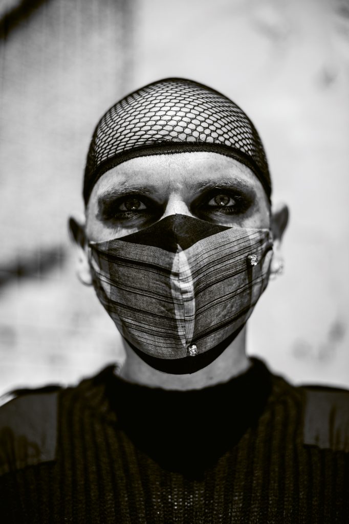 Close-up of drag queen Veda wearing a mask during a lockdown photoshoot