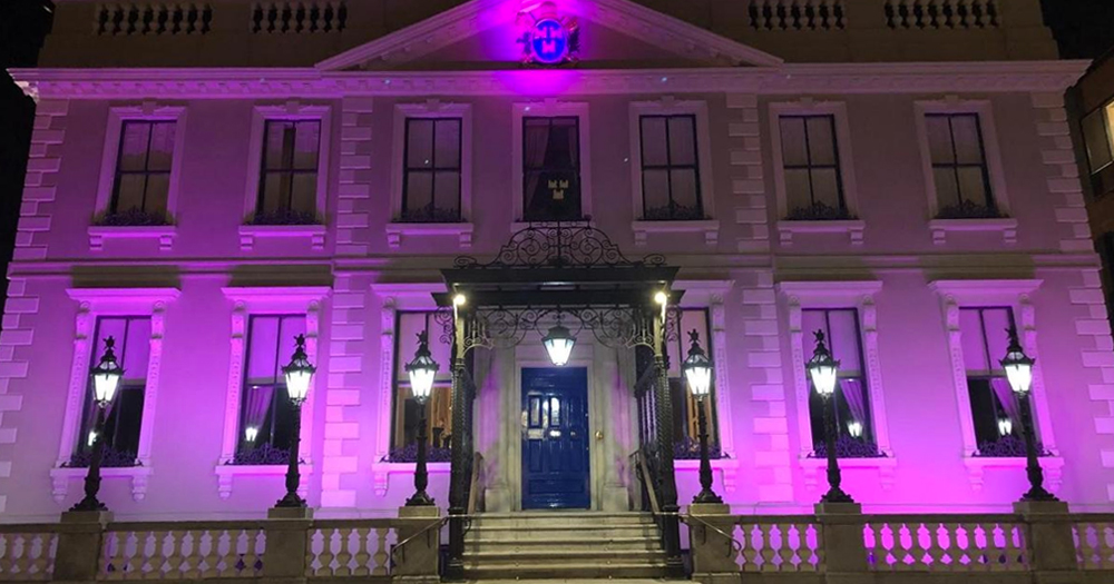 Exterior shot of Mansion House up-lit in Purple to mark International Intersex Solidarity Day