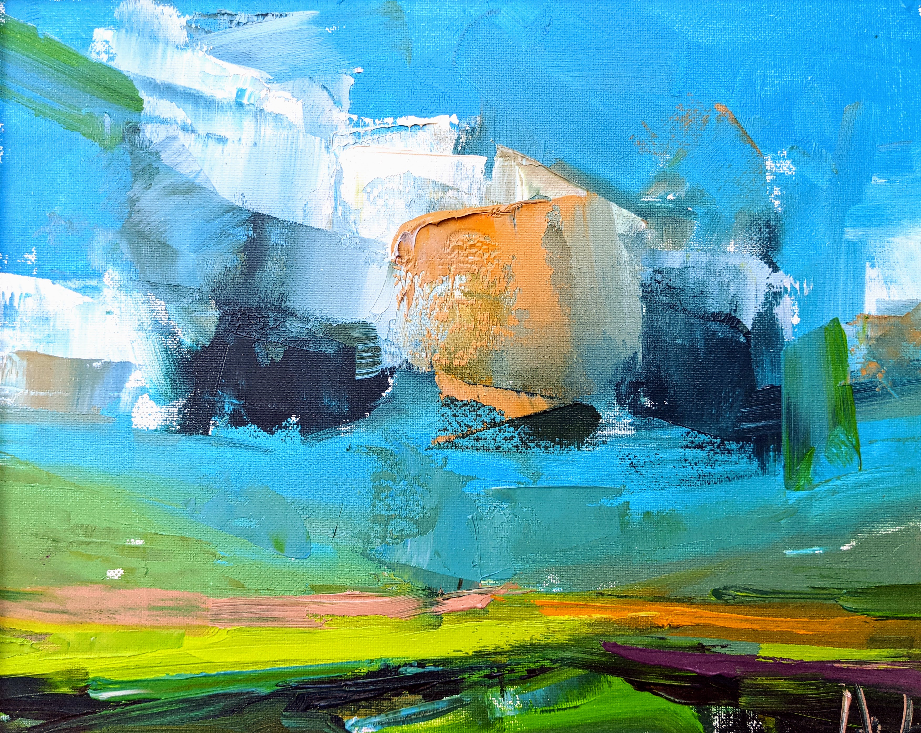 art piece, abstract painting of landscape and blue sky with heavy and thick brush strokes. Up for auction to keep outhouse open.