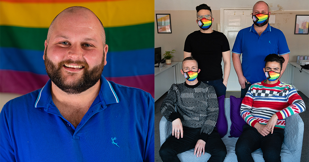 A split screen image of a smiling man in front of a rainbow flag and four men in rainbow face masks