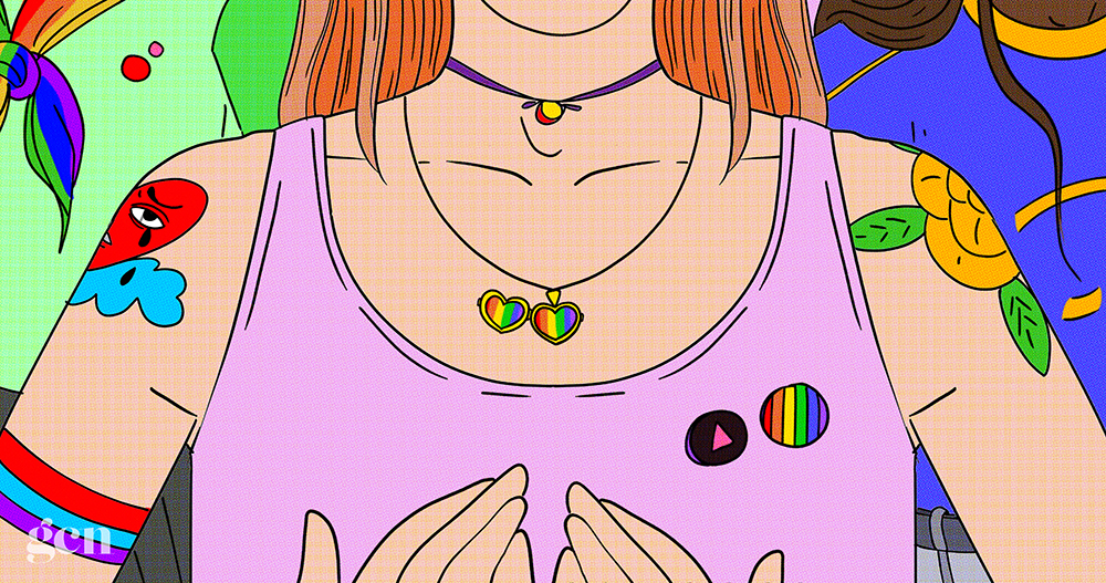 An illustration of a young woman covered with pride stickers and tattoos