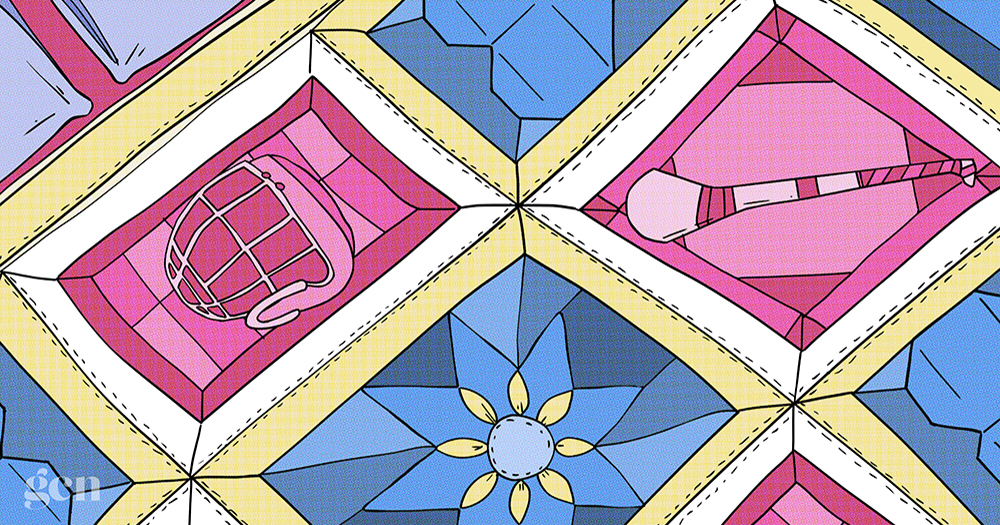 An illustration of a patchwork quilt with images of a helmet and a club