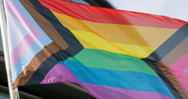 Trans Inclusive flag billowing to illustrate a piece about the Coalition against transphobia