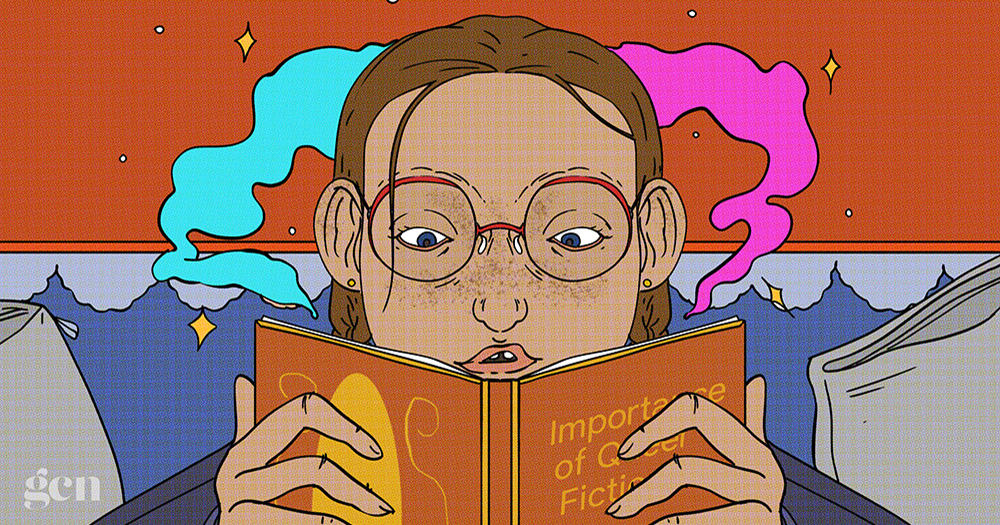 An illustration of a girl with glasses reading a book