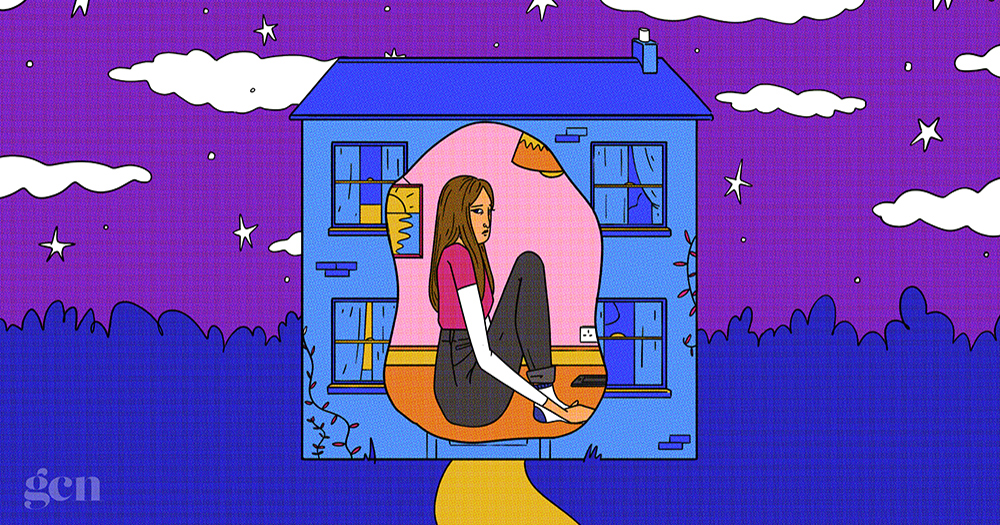 An illustration of a sad girl overlaid on a house