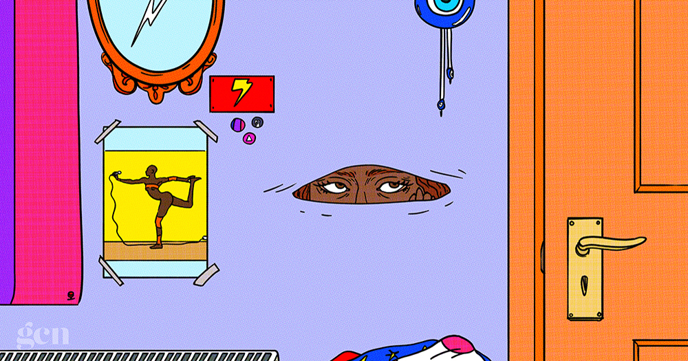 an illustration of a bedroom wall and a face peeping out from under an invisibility cloak