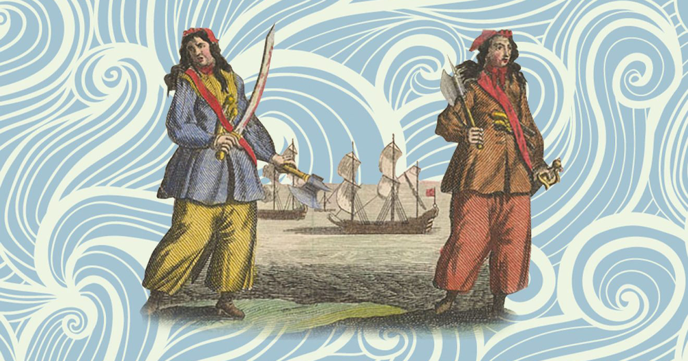 two true female queer pirates holding swords with a ship in the background