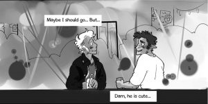 A comic strip with two men sitting in a gay club