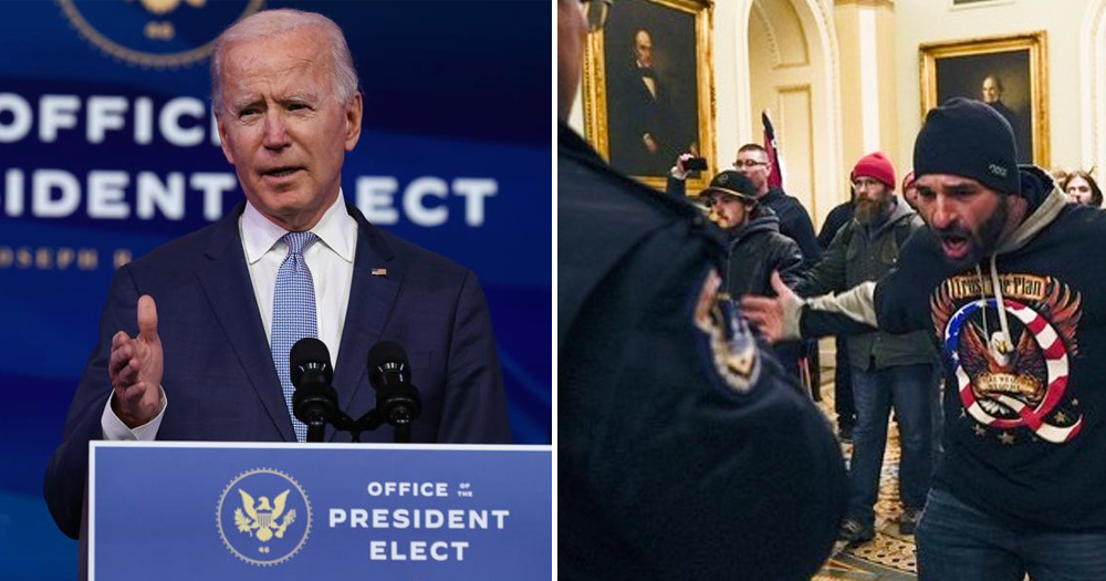 Capitol Riots: Split Screen of Joe Biden on the Left and rioters on the right