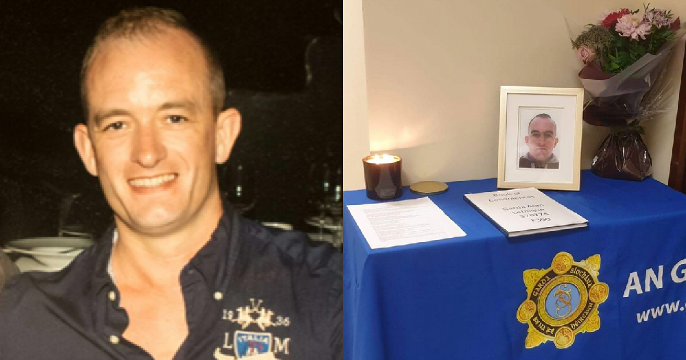 A split screen of Garda Alan Leblique and a table with a candle and his photo