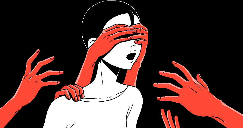 An illustration of hands covering a woman's face