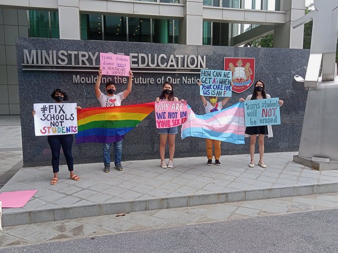 LGBTQ+ activists demonstrate outside Singapore's Ministry of Education