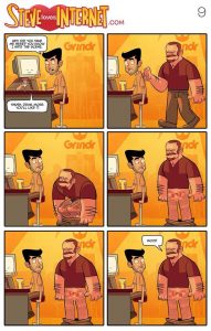 A comic strip with two men sitting in a gay club