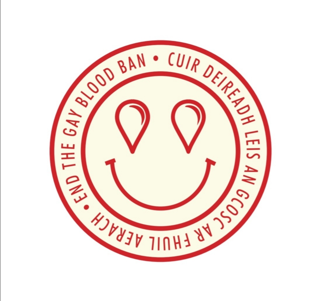 Smiley face with upside blood drop eyes, designed by Brian Teeling for End Gay Blood Ban campaign