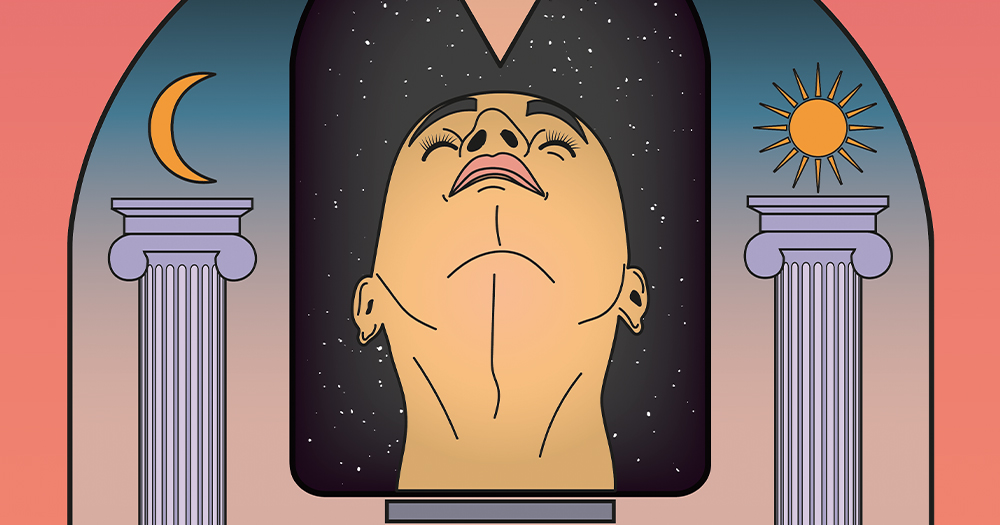 An illustration of a bald head in between two pillars