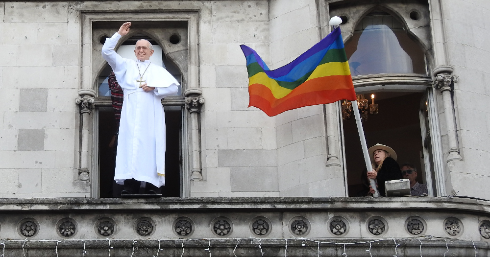 A statue of the Pope alongside a Pride flag, We Are Church Ireland recently spoke out against Vatican
