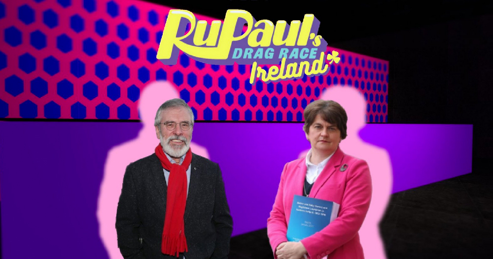 Two older politicians superimposed on a gameshow set from Drag Race Ireland Twitter page