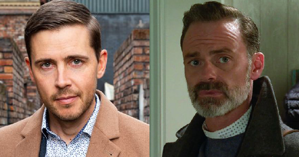 Split screen image of Gareth Pierce and Daniel Brocklebank as characters in Coronation Street