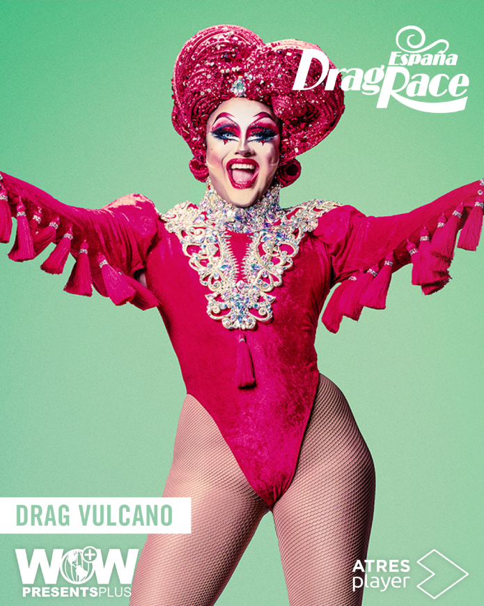 One of the contestant of Drag Race España wearing a red body suite
