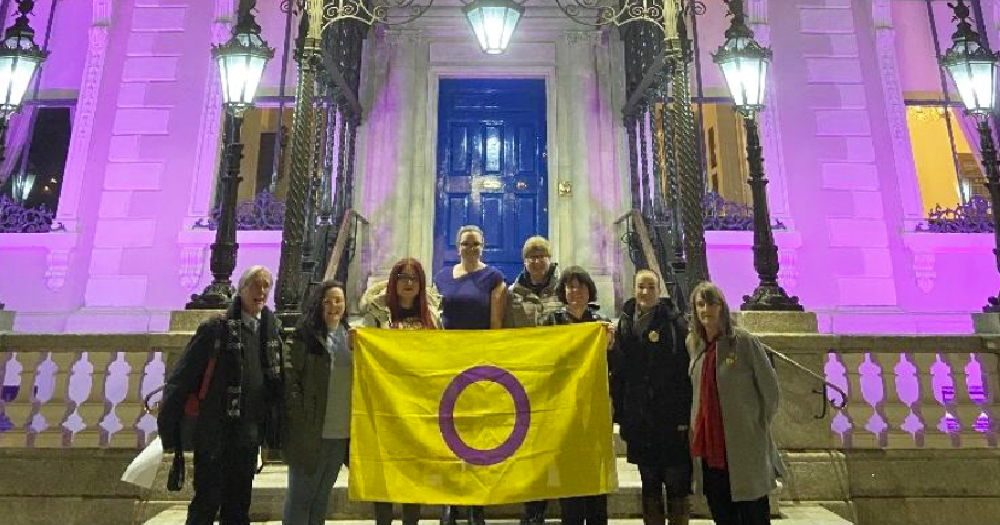 A group of people holding an intersex flag outside a building