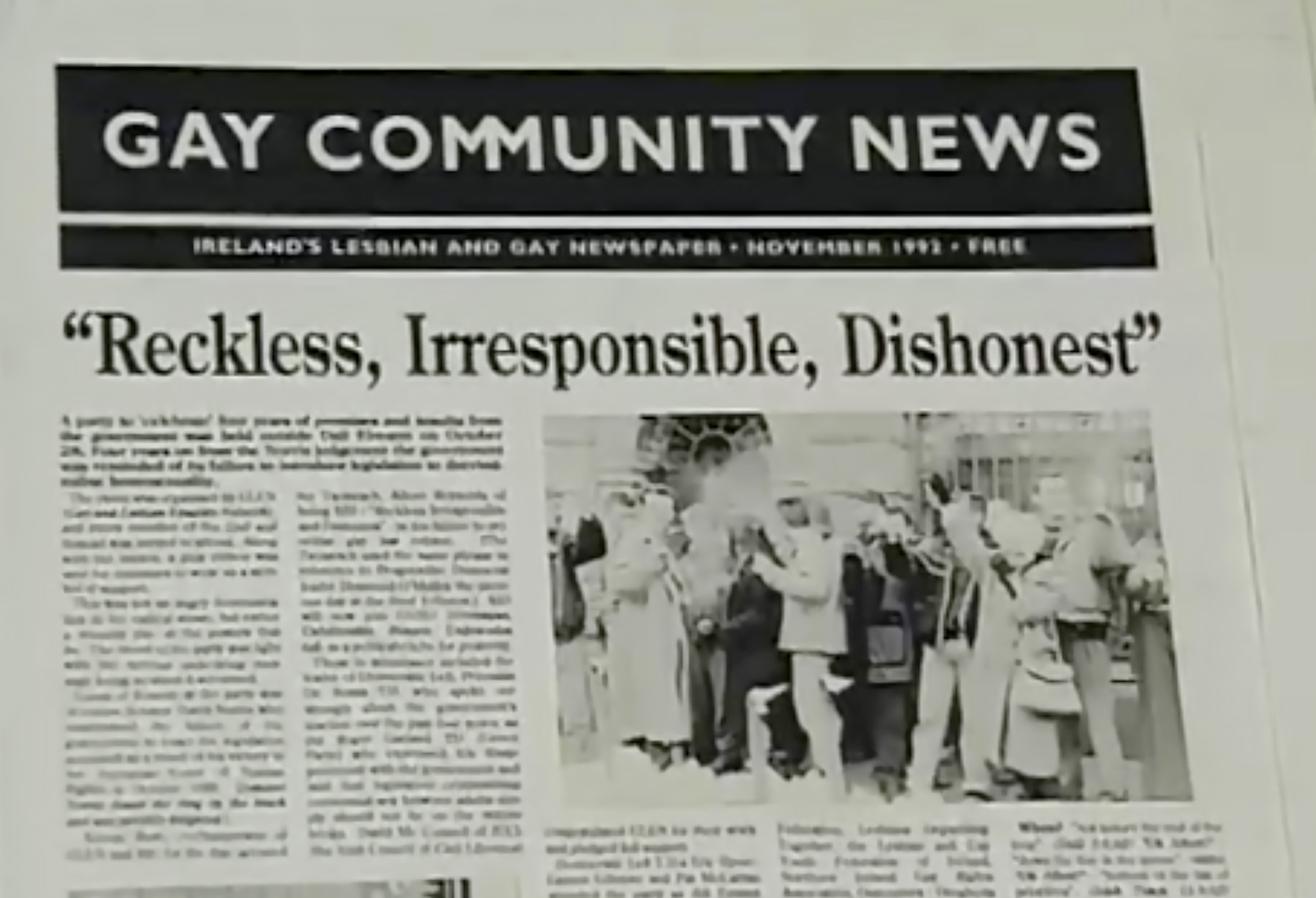 A newspaper title Gay Community News with the heading: Reckless, Irresponsible, Dishonest.