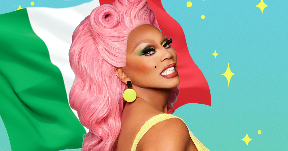 A drag queen standing in front of an Italian flag