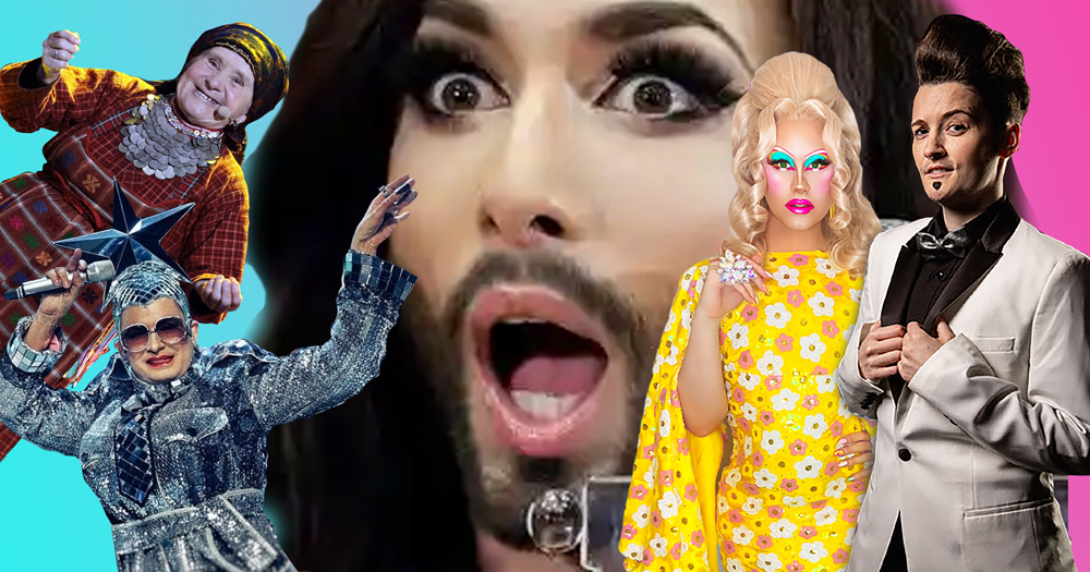 A collage of wildly dressed performers