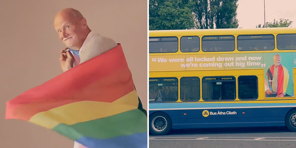 A splitscreen of an older man wrapped in a Pride flag, and a bus