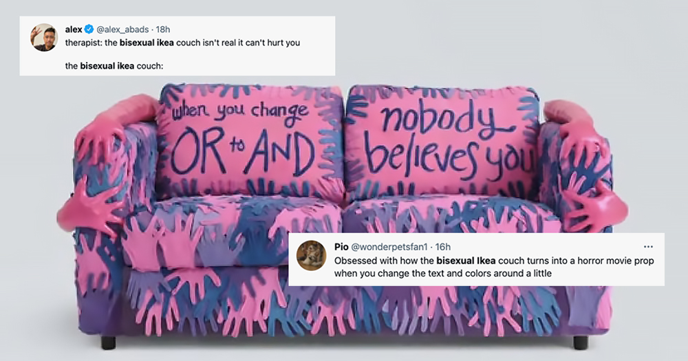 A multicoloured couch covered with hands, one of its cushions reading 'no one believes you'
