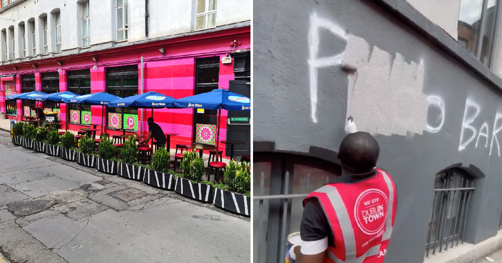 Pantibar homophobic grafitti: split screen of outside of bar on left and person painting over graffiti on right