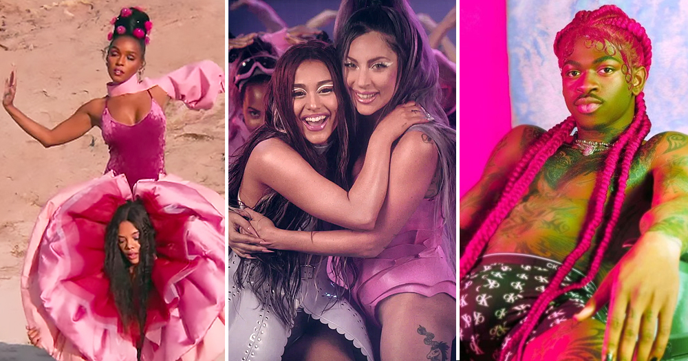 Pride songs illustrative image: Split screen L-R Janelle Monae in the Pynk Video, Ariana Grande and Lady Gaga hugging and Lil Nas X reclining