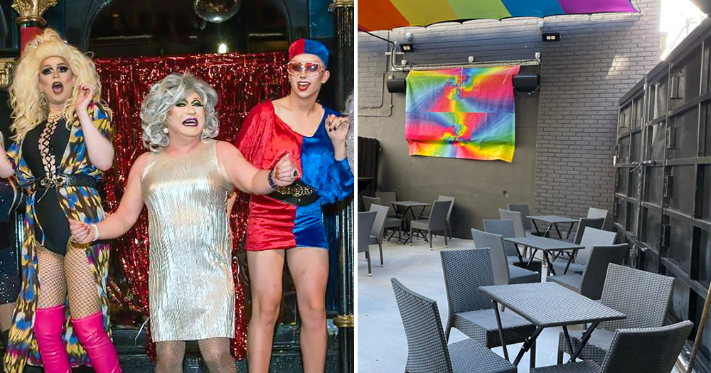 Left: A group of drag queens on a nightclub stage. Right: Outside sitting area of The George with bacl seats and rainbow flags. The iconic gay bar will be reopening in June.
