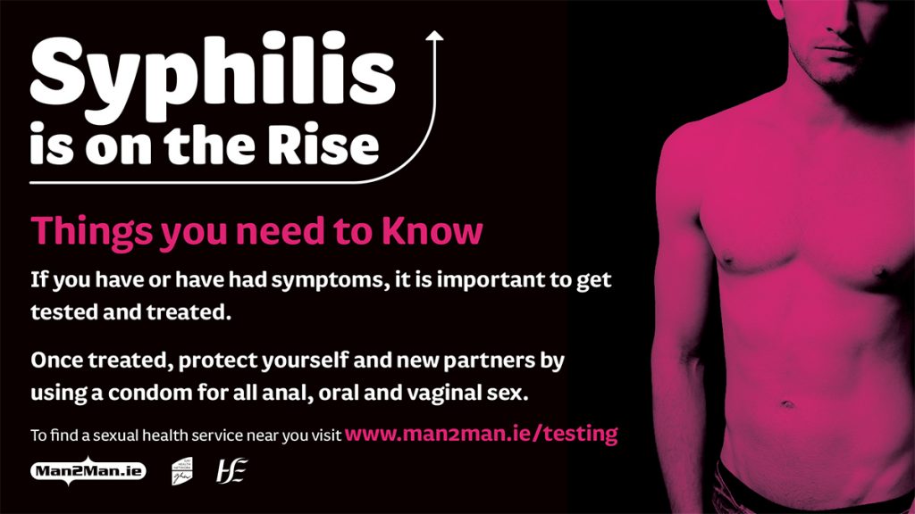Man2Man campaign poster. Text reads: Syphilis is on the rise. A shirtless man stands next to the text.