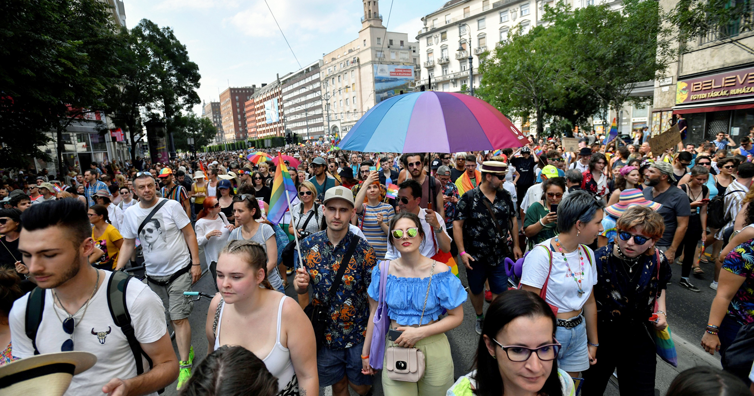 Crowds of people in a Pride march