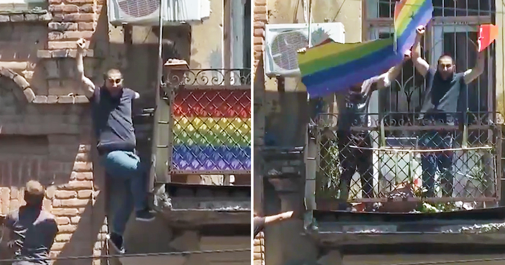 Split screen of men climbing a balcony and ripping a rainbow flag. Tbilisi Pride was cancelled following the far right attack