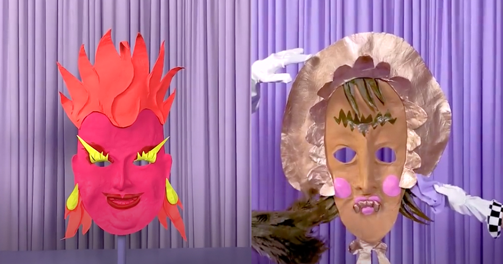 Two masks (Divine and Rebecca and Her Daughters) face the viewer with a purple curtain behind them as part of new series Faces of Drag by Sasha Velour.