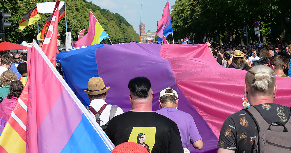 Image of Bi activism at Pride with marchers and the Bi flag