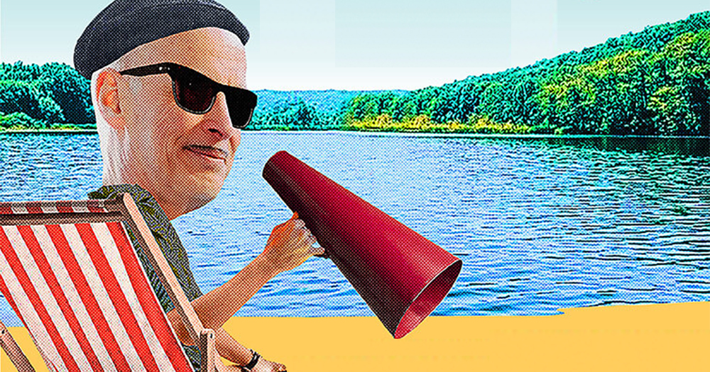 Camp John Waters: A collage of a man with a moustache in a director's chair holding a megaphone