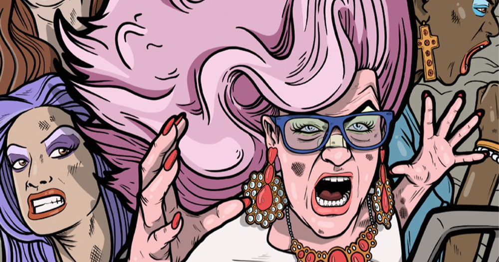 An illustration of a screaming drag queen with huge hair