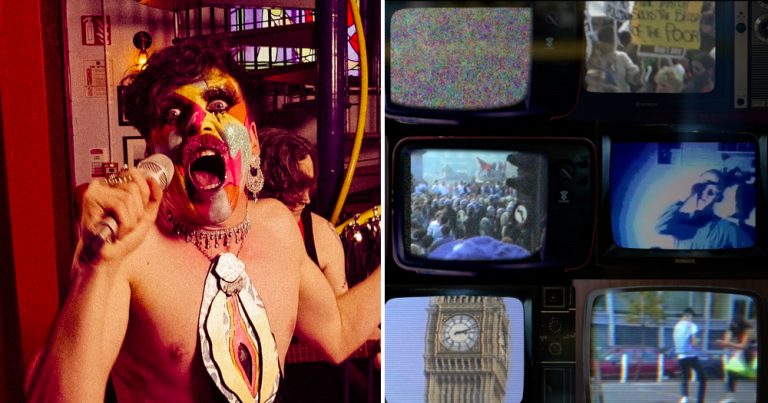 A split screen of a screaming face painted man and a bank of television screens