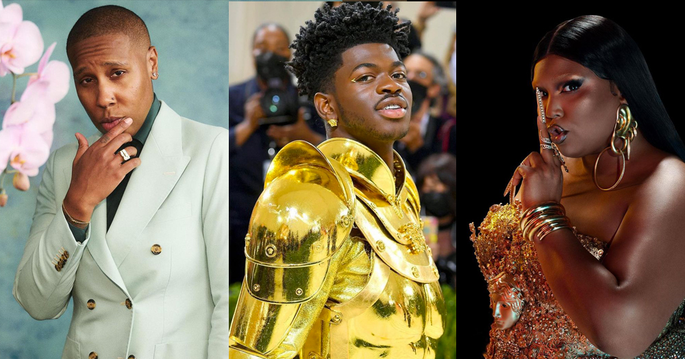 Split screen: Lena Waithe (left), Lil Nas X (centre) and Lizzo (right)