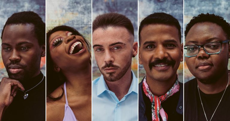 Split screen of 5 people part of the Proud AF campaign